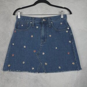Madewell Skirt Womens 26 Blue Rigid Denim A-Line Floral Embroidered Raw Hem